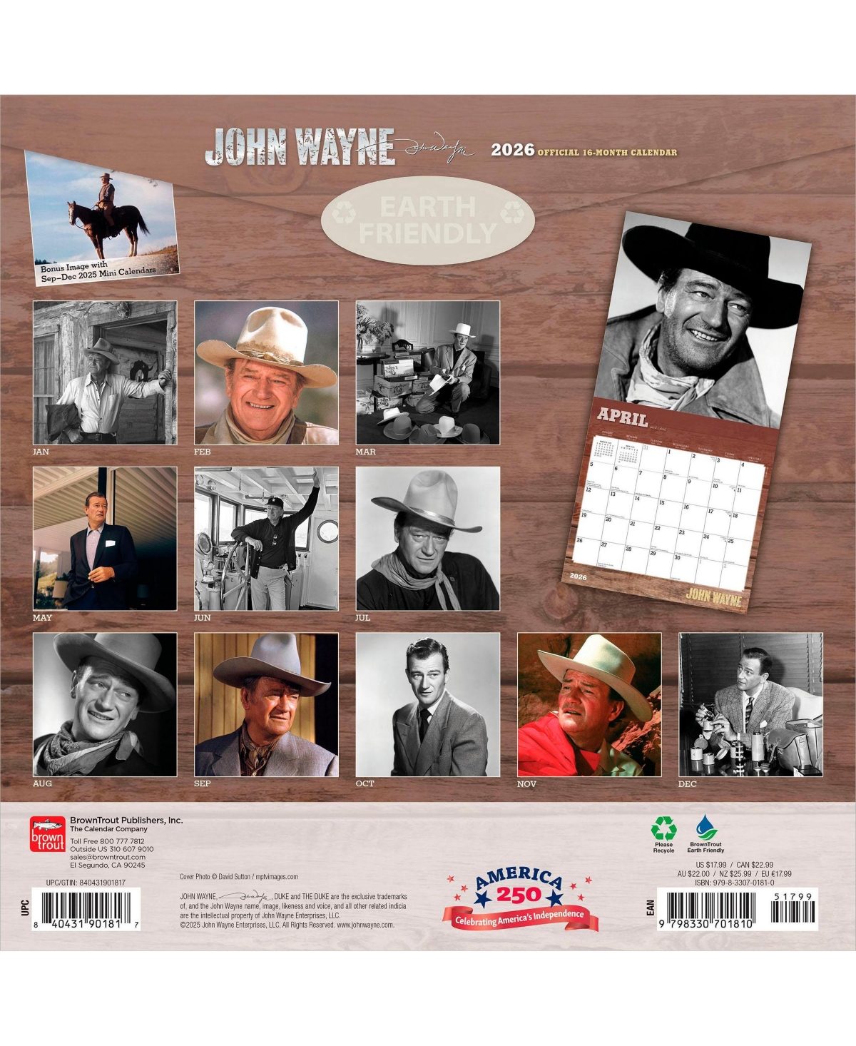 BrownTrout John Wayne Official | 2026 12 x 24 Inch (Hanging) Monthly Square Wall Calendar | Foil Stamped Cover | Plastic-Free