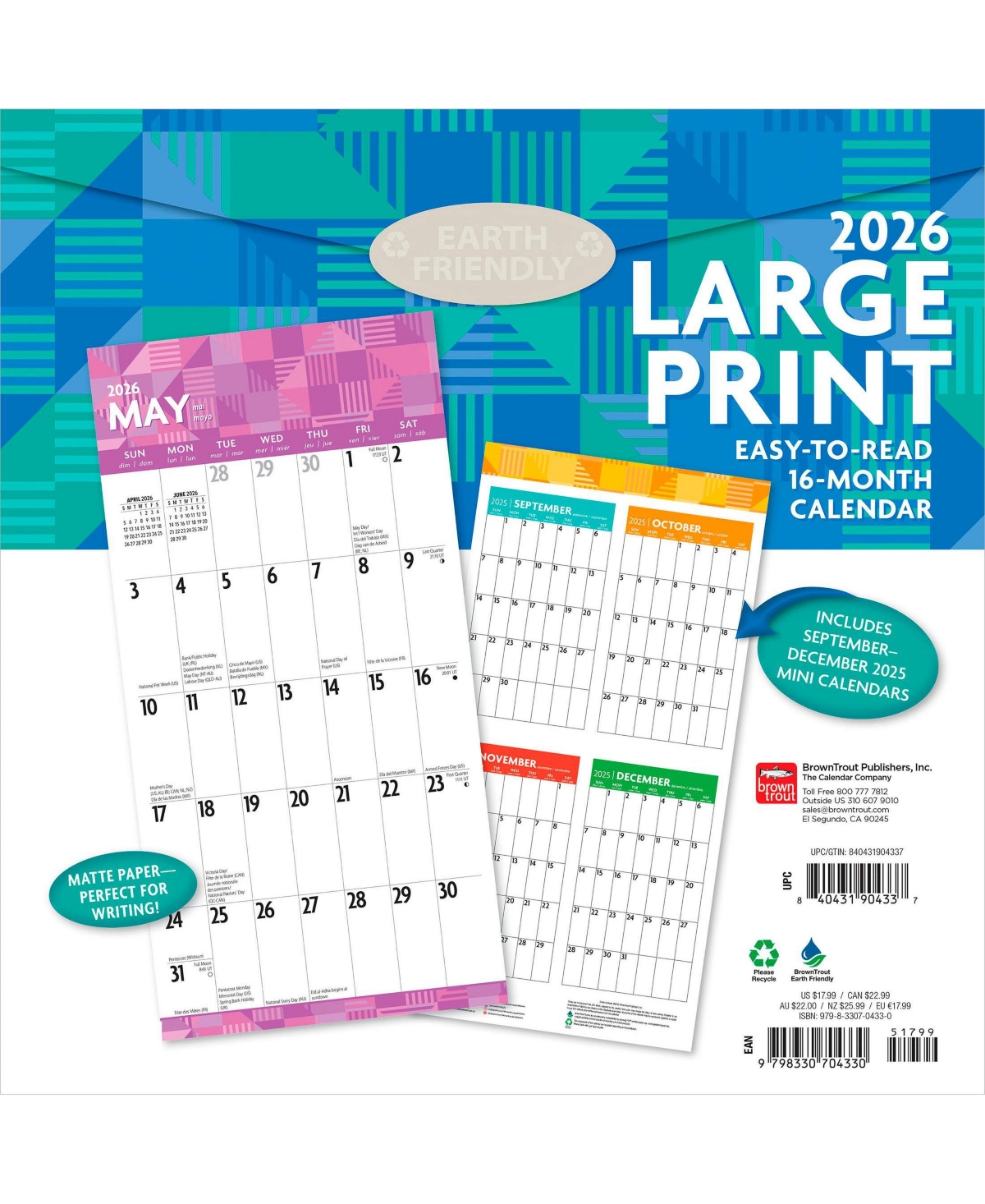 BrownTrout Large Print | 2026 12 x 24 Inch (Hanging) Monthly Square Wall Calendar | Matte Paper | Plastic-Free