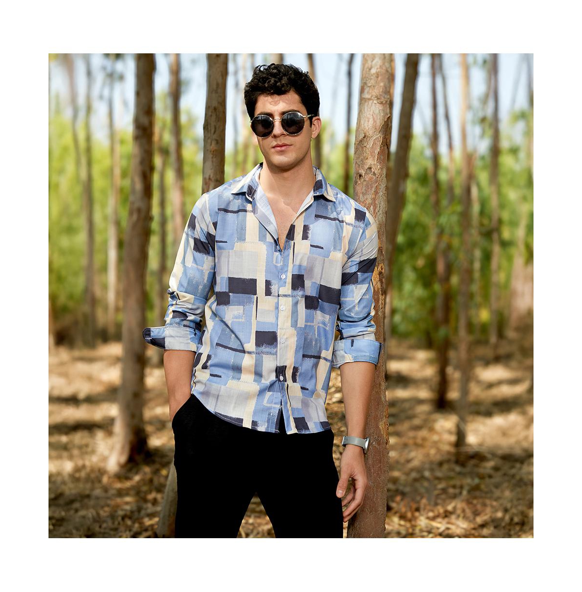 Campus Sutra Men's Powder Blue & Pale Yellow Cubic-Overlap Shirt