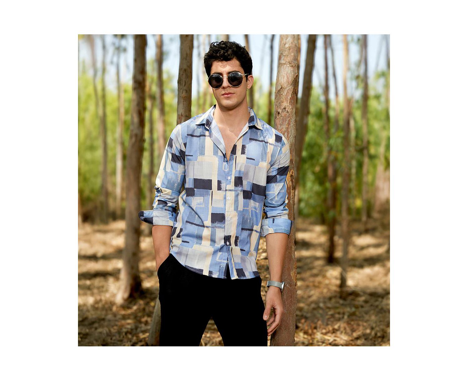 Men's Powder Blue & Pale Yellow Cubic-Overlap Shirt