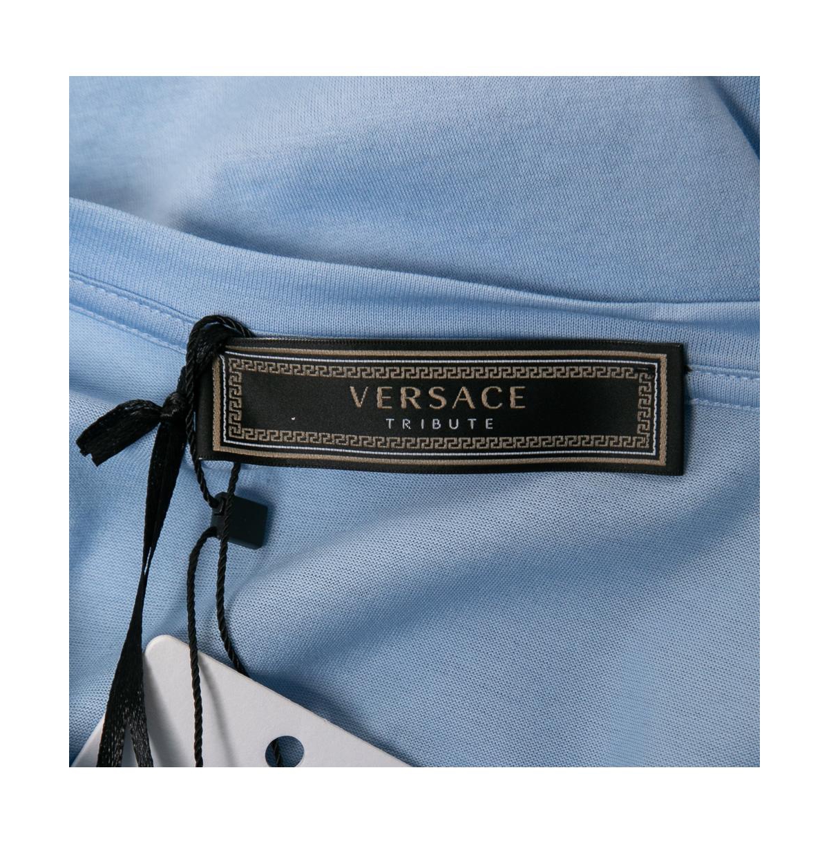 Pre-Owned Versace Women's Light Blue Cotton Logo Embroidered Tribute T-Shirt