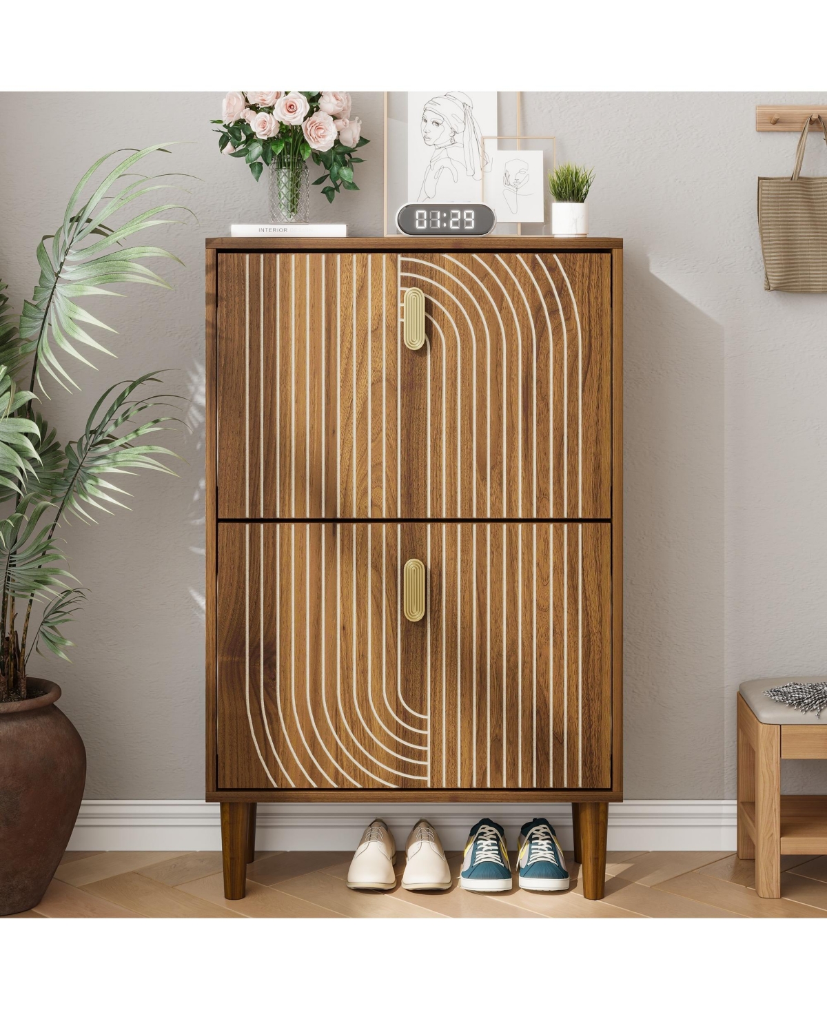 sumyeg Modern Storage Cabinet With Shoe Cabinet with 2 Gold Flip Drawers