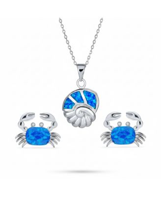 Nautical Created Blue Opal Conch Pendant Necklace & Crab Stud Earrings Jewelry Set Sterling Silver