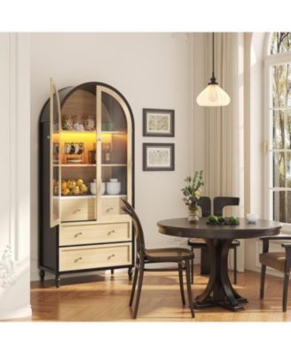 70" Arched Pantry Cabinet with LED Lights, 3 Drawers, Adjustable Shelf & Glass Doors, Black & Oak