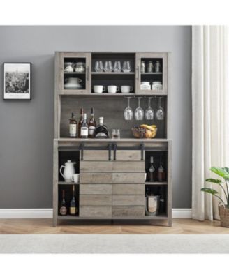 70" Farmhouse Bar Cabinet with Sliding Barn Door, Storage Shelves, Wine and Glass Rack, Sideboard for Kitchen and Dining Room, Gray