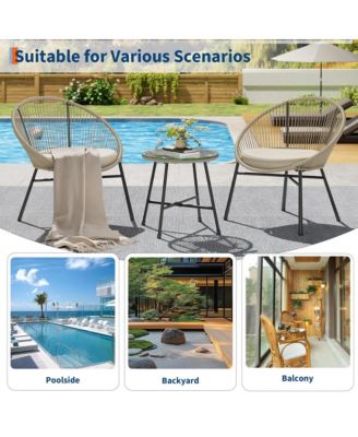 3 Pieces Patio Bistro Set Outdoor Acapulco Chair with Glass Top Coffee Table, Wicker Furniture Sets