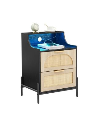 Rattan Nightstand with Charging Station and LED Lights, Storage End Table, for Living Room, Bedroom, Dorm