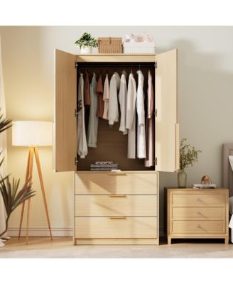 Armoire Wardrobe Closet, 69.5" Wooden Wardrobe Cabinet with 3 Drawers, Hanging Rod, 2 Doors Clothing Storage Cabinet