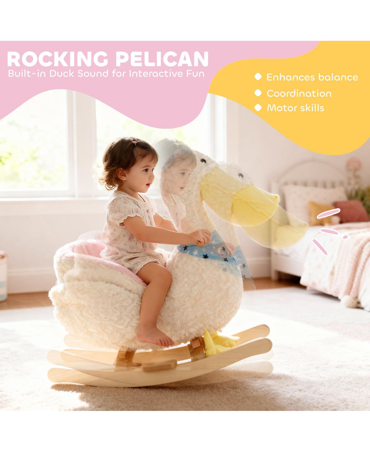 Детская игрушка Qaba Pelican Plush Rocking Horse with Duck Sounds, Holds up to 55 lbs., Ages 12+ Months, цвет: Белый — фото 4