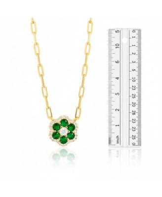Vermeil Paperclip Created Emerald and CZ Flower  Layering Necklace