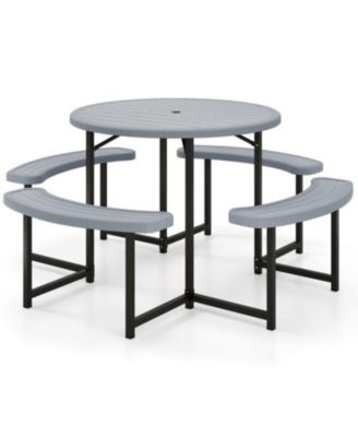 Round Picnic Table Set with 4 Benches and Umbrella Hole