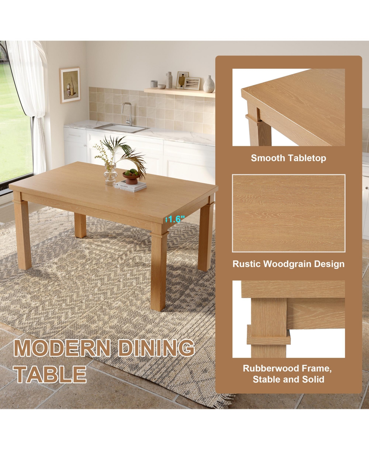 sumyeg 6-Piece Modern Dining Set with Rectangle Kitchen Table 4 Upholstered Chairs and Bench