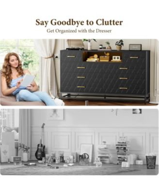 8 Drawer Wood Dresser for Bedroom, Wooden Dresser with LED Light