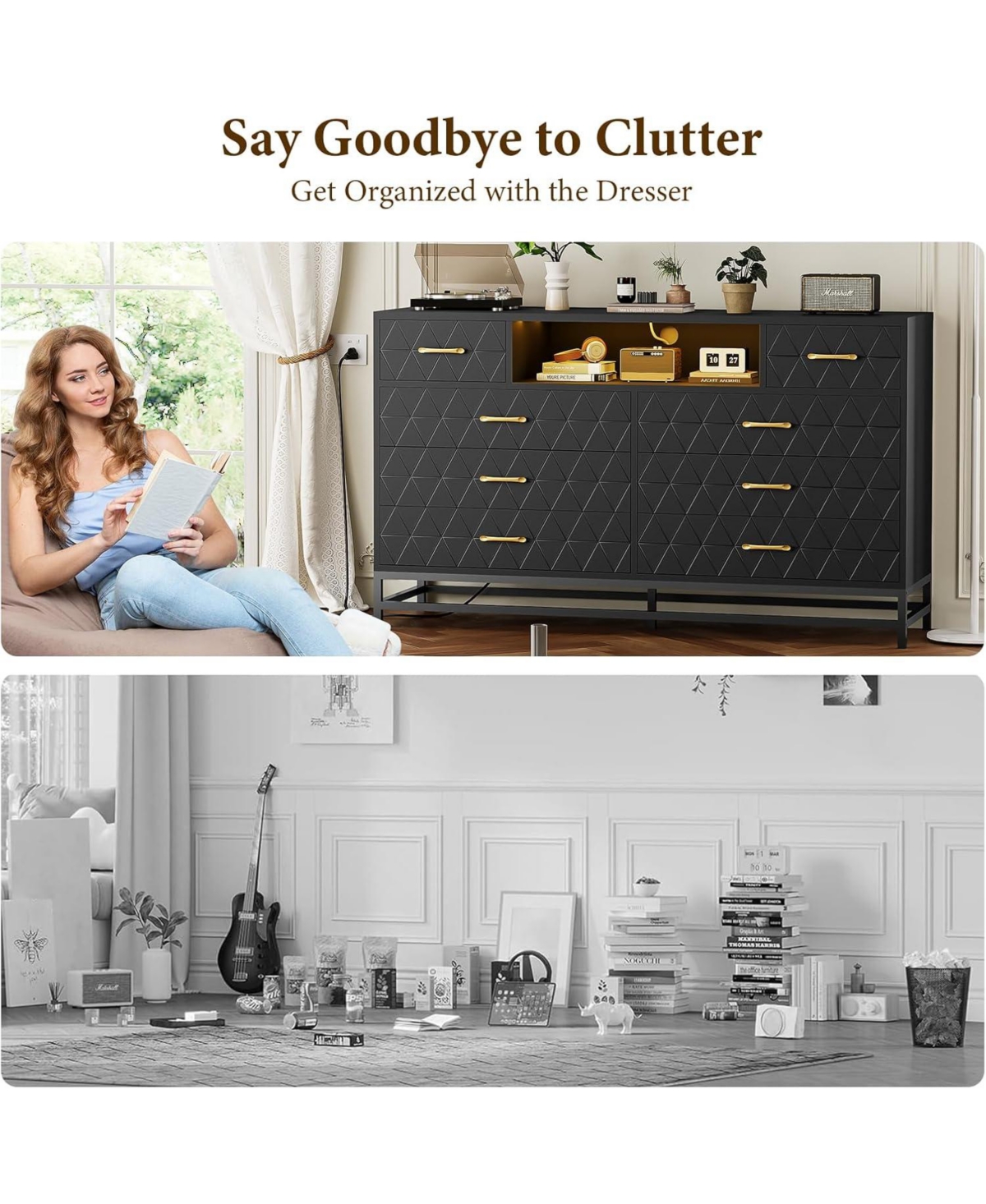 Gaomon 8 Drawer Wood Dresser for Bedroom, Wooden Dresser with Led Light