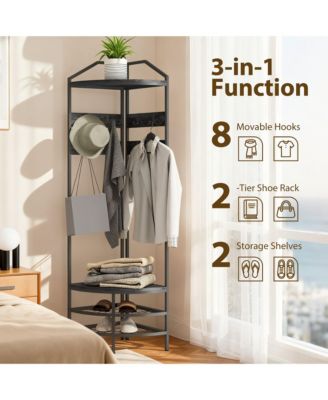 Corner Hall Tree, Coat Rack with Shoe Storage, Hooks, Shelves