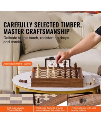 Solid Wood 15-Inch 2-in-1 Chess and Checkers Set with Storage Drawer, Weighted Pieces and Extra Queens for Adults and Kids