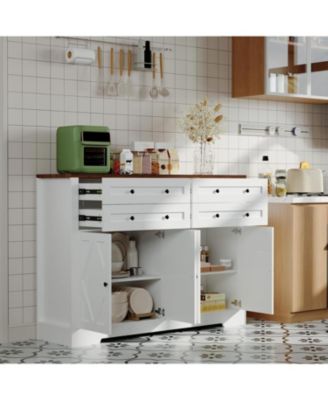 Modern Farmhouse Buffet Cabinet with Storage, Wood Large Sideboard Storage Cabinet with 4 Doors & 4 Drawers Coffee Bar.