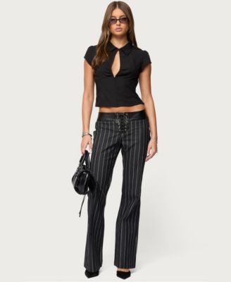 Women's Pinstripe & Faux Leather Low Rise Flared Jeans