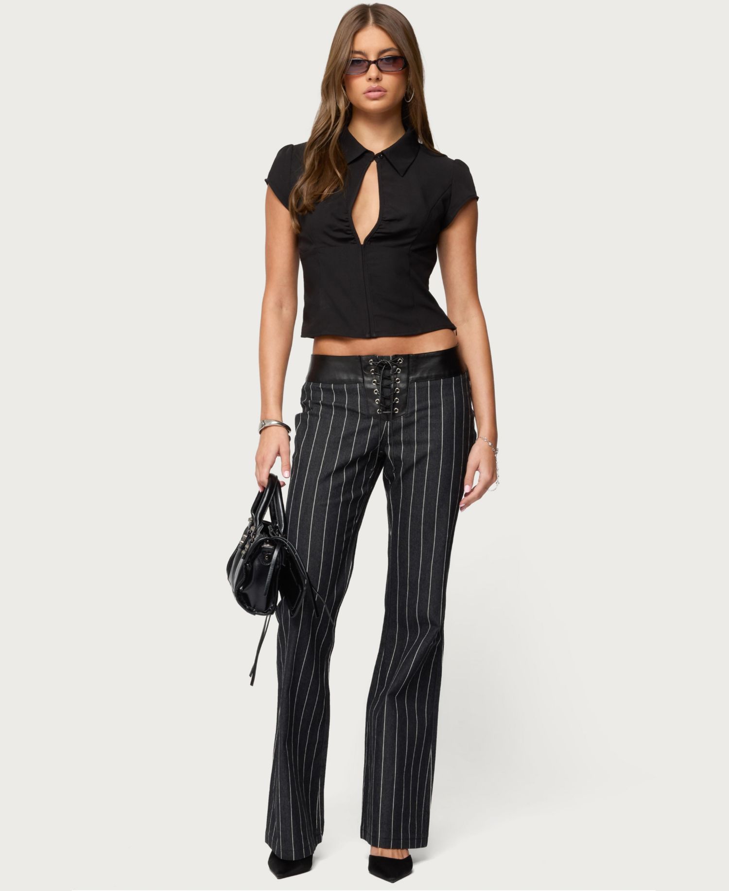 Women's Pinstripe and Faux Leather Low Rise Flared Jeans
