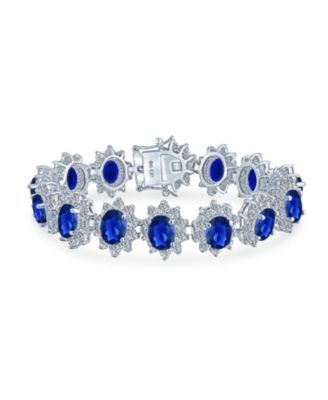 Art Deco Crown Halo Oval Blue Cubic Zirconia CZ Tennis Bracelet & Drop Earrings Jewelry Set Silver Plated