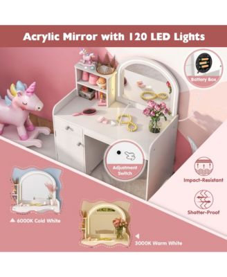 Kid Vanity Table Chair Set 2-Color LED Lights Large Drawer Shelf Cabinet