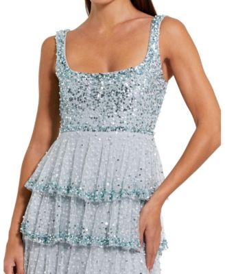 Women's Embellished Net Tiered Ruffle Scoop Neck Gown