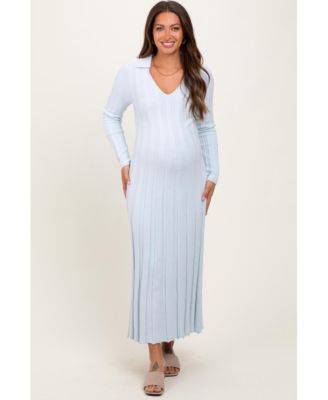 Maternity Light Blue Wide Ribbed Knit Collared Midi Dress