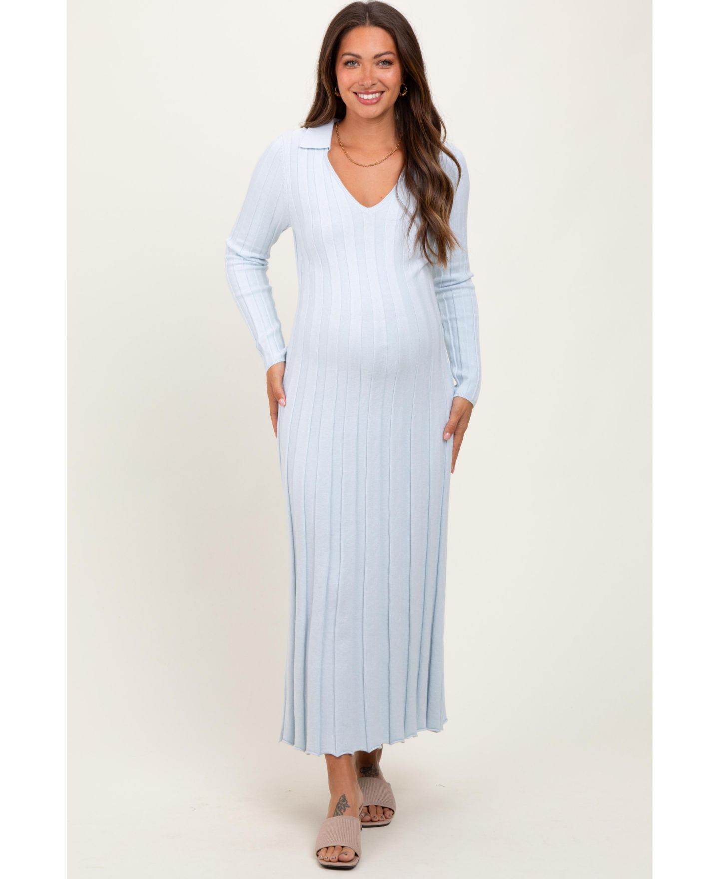 Женское платье Pinkblush Maternity Light Blue Wide Ribbed Knit Collared Midi, цвет: Светлый синий — фото 2