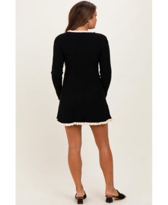 Maternity Black Ribbed Knit Contrast Ruffle Trim Mini Dress