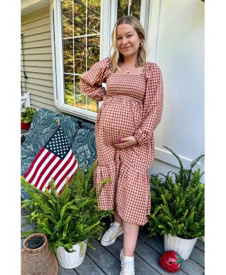 Maternity Rust Gingham Long Sleeve Midi Dress
