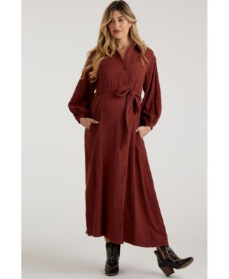 Maternity Blue Gauze Belted Shirt Midi Dress