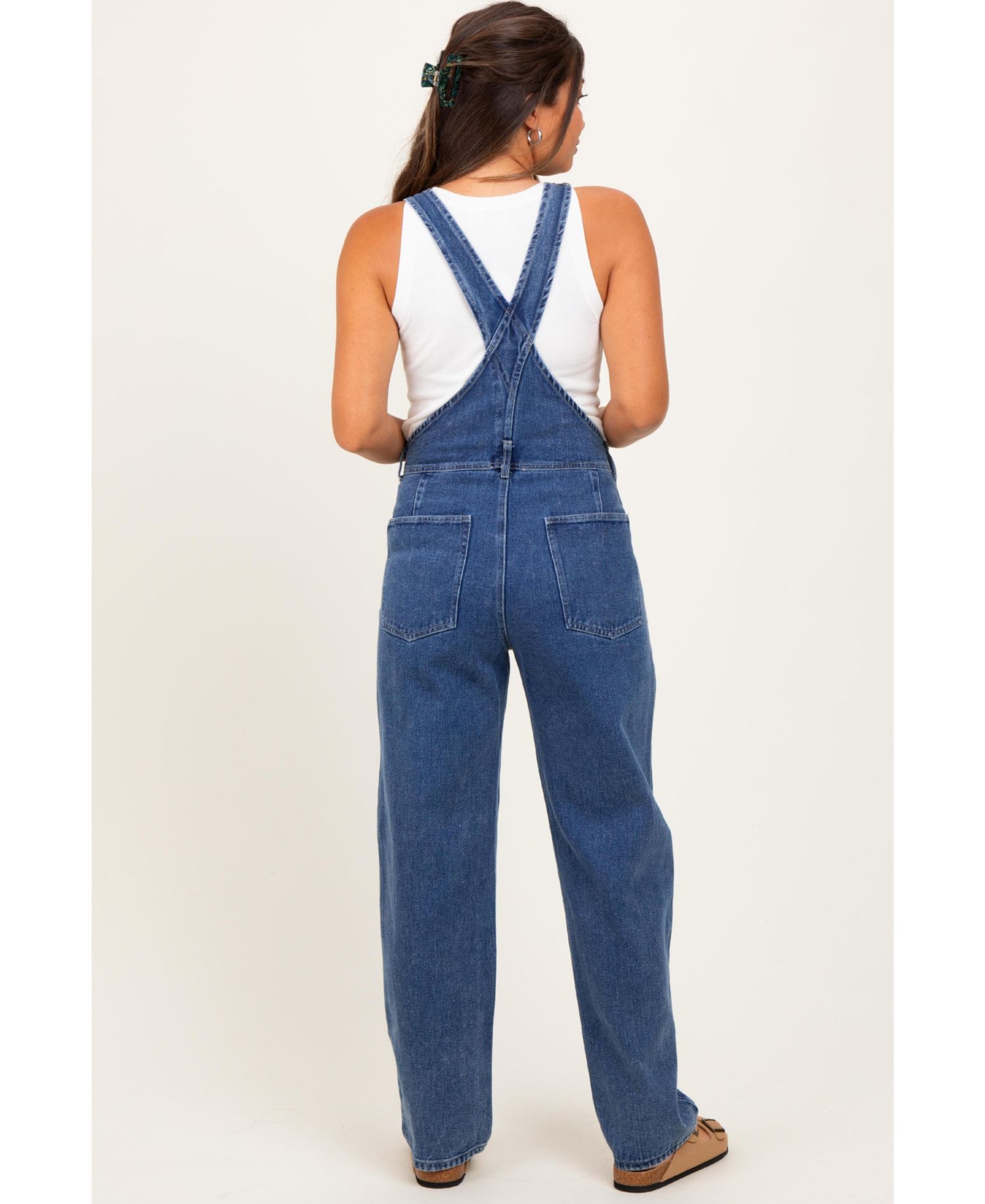 Women's Blue Wash Rolled Cuff Denim Overalls