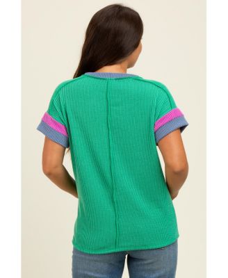 Maternity Pink Ribbed Colorblock Detail Short Sleeve Top