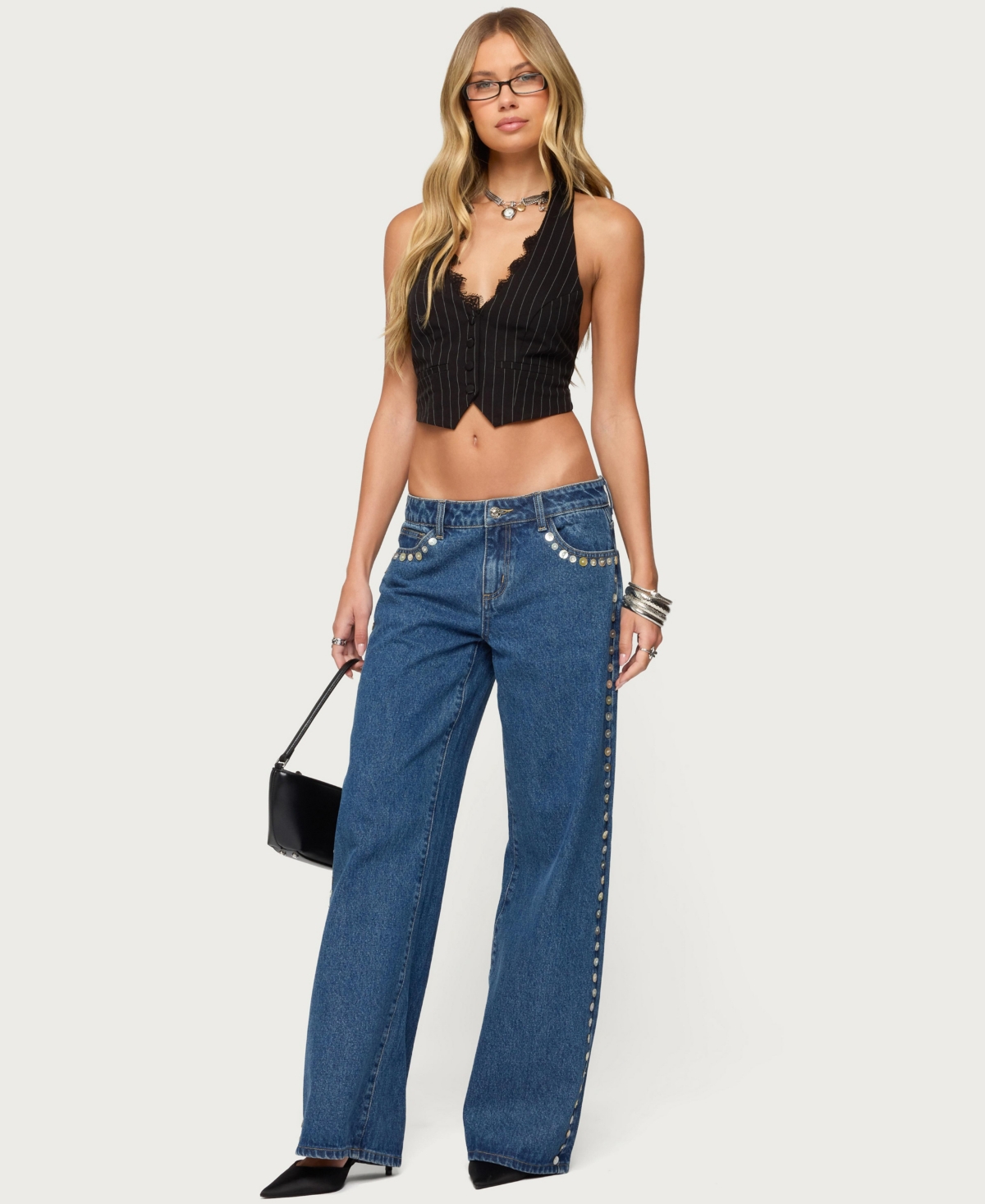 Edikted Women's Iridescent Button Low Rise Baggy Jeans