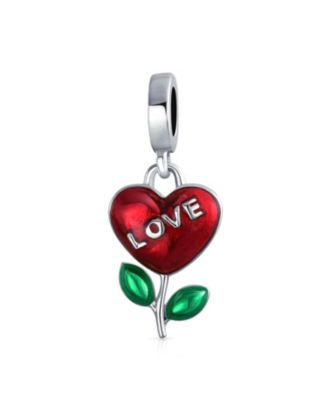 Set of 2 Love Grows Red Flower Heart Dangle & 3D Red Lady Bug Green Heart Clover Charm Bead Enamel Sterling Silver
