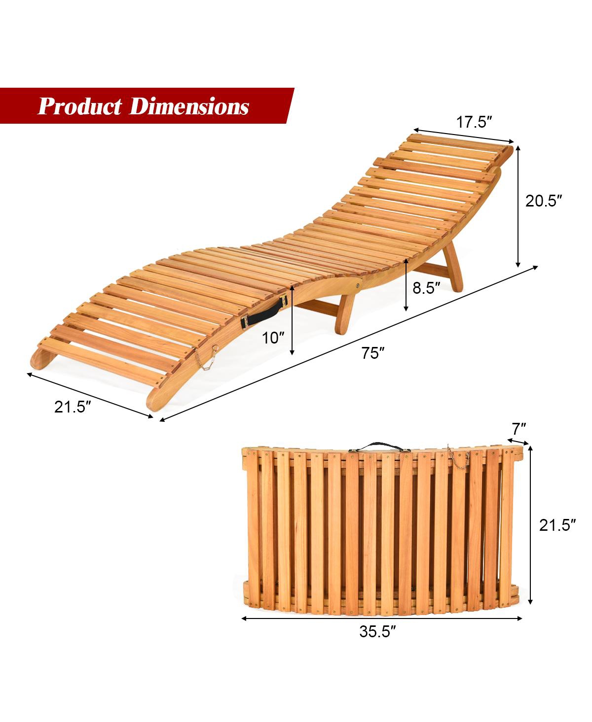 Costway 2 Pcs Folding Wooden Outdoor Lounge Chair Chaise Cushion Pad Pool Deck