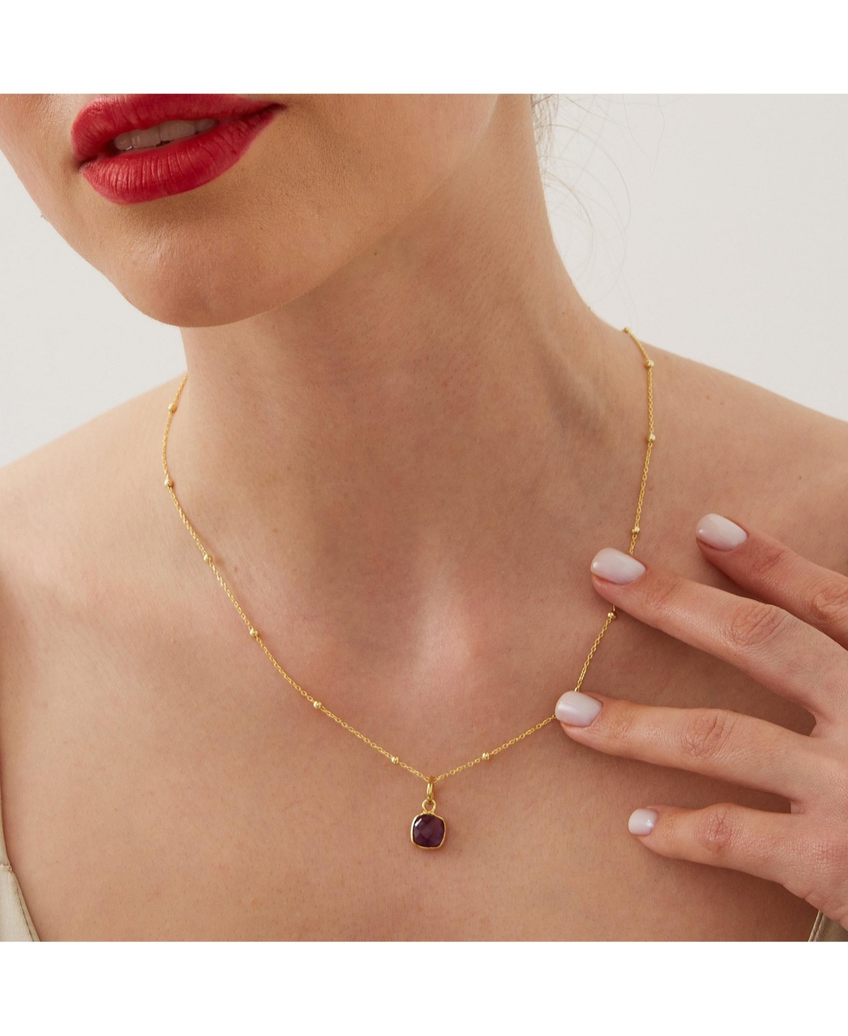 Spero London Amethyst Square Pendant Necklace With Beaded Chain in Sterling Silver