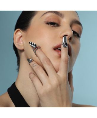 Women's The Bijou-Checks Nail Rings - Metallic Silver (Set Of 3)