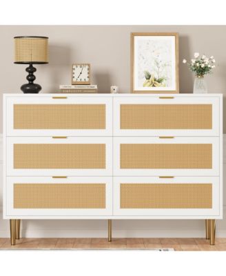 Natural Rattan 6-Drawer Dresser with Gold Legs & Handles, Wide Storage Chest, Anti-Tip Design for Bedroom or Living Room.