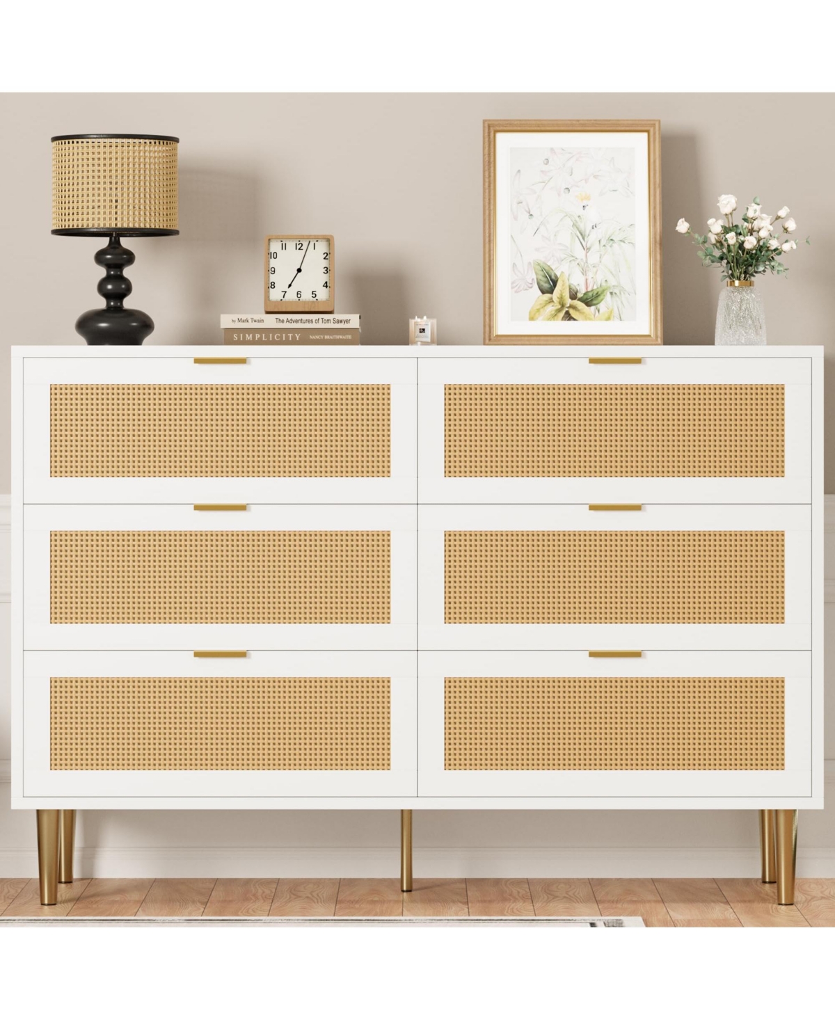 Gaomon Natural Rattan 6-Drawer Dresser with Gold Legs & Handles, Wide Storage Chest, Anti-Tip Design for Bedroom or Living Room.