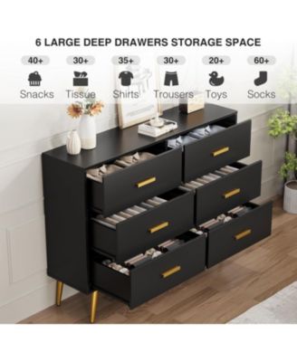 White 6-Drawer Wooden Dresser, Modern Storage Chest with Gold Handles and Deep Drawers for Bedroom Living Room Entryway