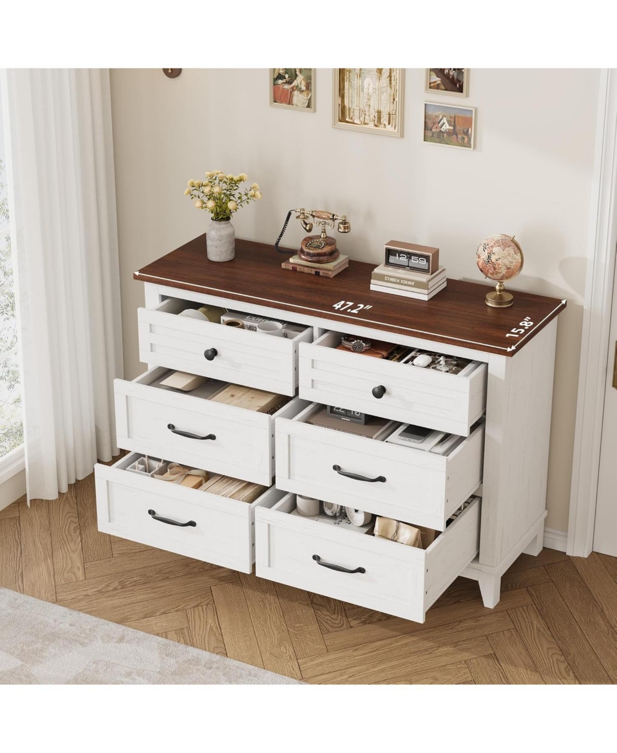 Gaomon 6-Drawer Grey Bedroom Dresser, 47" Wide Freestanding Chest with Storage, Wooden Closet Organizer for Living Room, Bedroom, Entryway