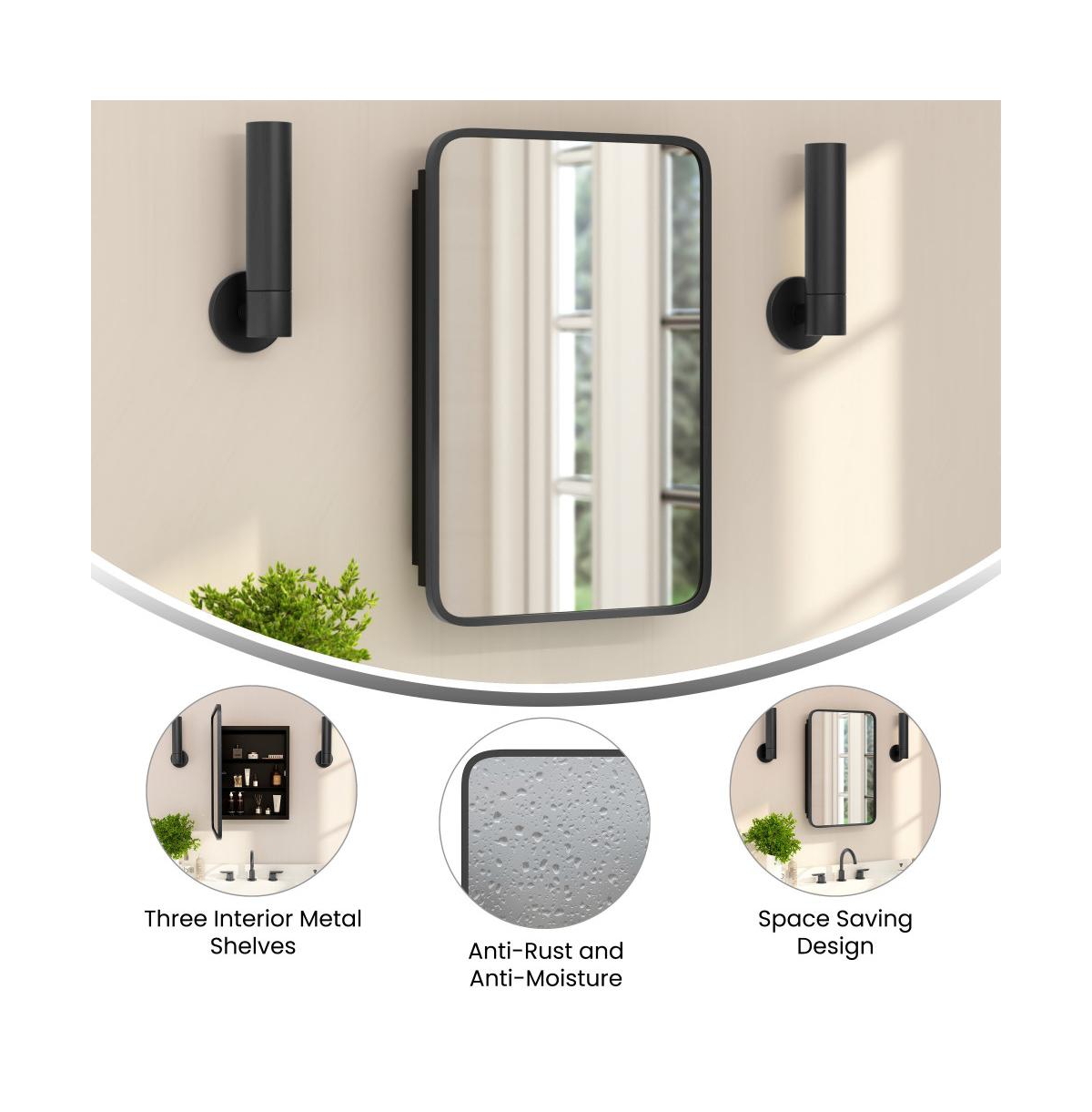 Merrick Lane Glover Reversible Bathroom Wall Medicine Cabinet with Rounded Rectangular Beveled Mirror and Metal Frame Shelves