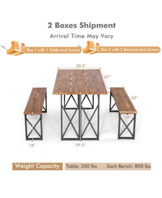 3 PCS Outdoor Acacia Wood Patio Dining Table Bench Set with 2'' Umbrella Hole