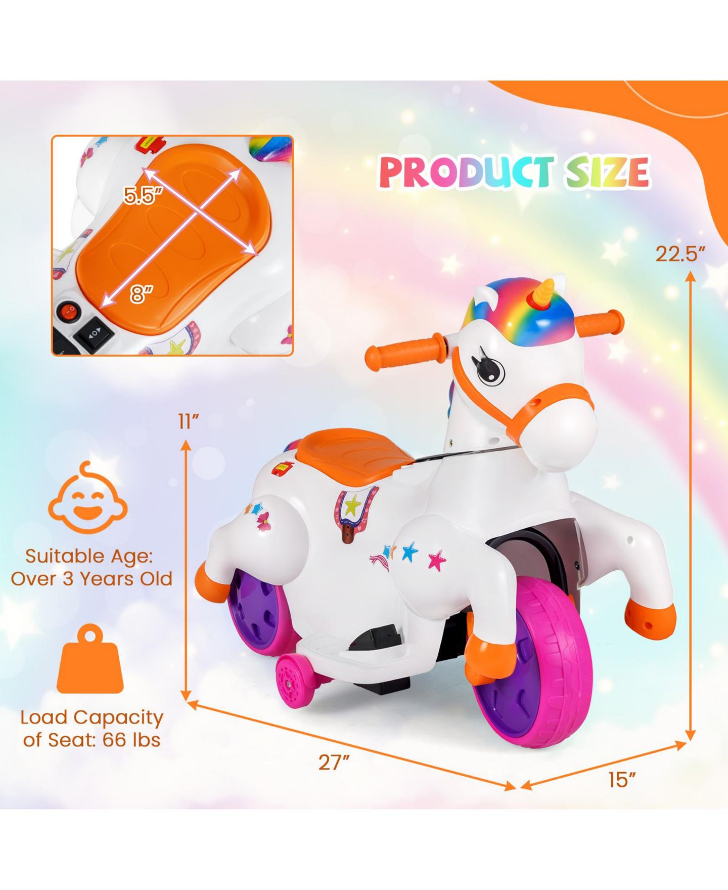 Детская игрушка HONGGE 12V Ride-On Unicorn Car with Galloping Motion, LED Lights and Sounds, Ages 3+, цвет: Розовый — фото 3
