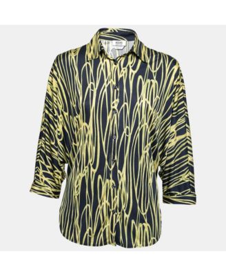 Women's Cheap And Chic Navy Blue And Yellow Printed Jersey Dolman Sleeve Shirt