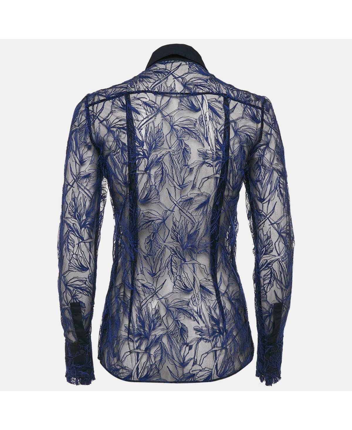 Pre-Owned Roberto Cavalli Women's Blue Embroidered Tulle Frilled Sheer Shirt