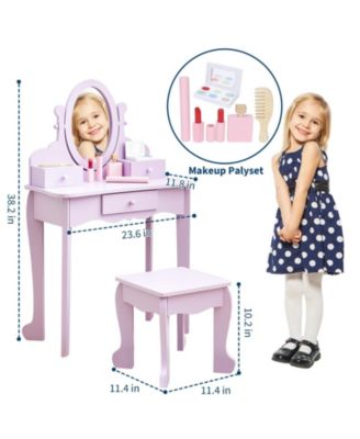 Kids' Vanity Set with Adjustable Mirror, Pretend Play Vanity Table and Stool with Wood Makeup Set