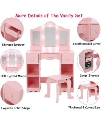 2-in-1 Wooden Kids Vanity Set,Tri-Fold Mirror, Stool & Drawer