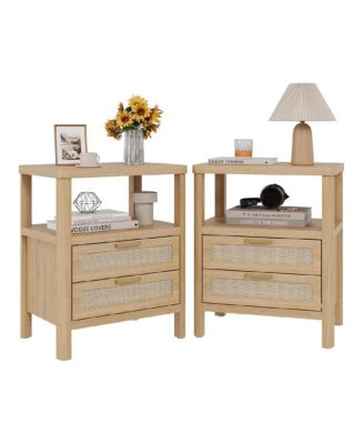 Nightstands Set of 2,Rattan Nightstand with Drawers, Farmhouse Bedside Table with Open Wood Shelf,Narrow Side Table, Natural Oak